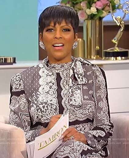 Tamron’s gray printed tie neck blouse and pants on Tamron Hall Show