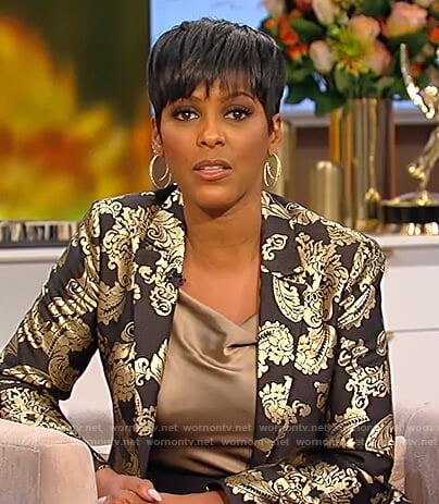 Tamron’s black paisley metallic blazer on Tamron Hall Show