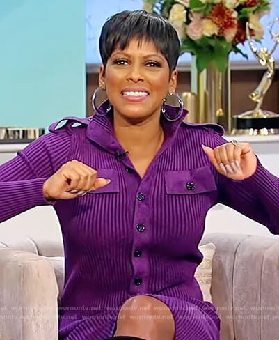Tamron’s purple ribbed dress on Tamron Hall Show