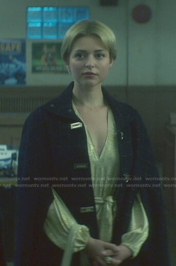 Temperance Hudson’s metallic dress and cape coat on Nancy Drew