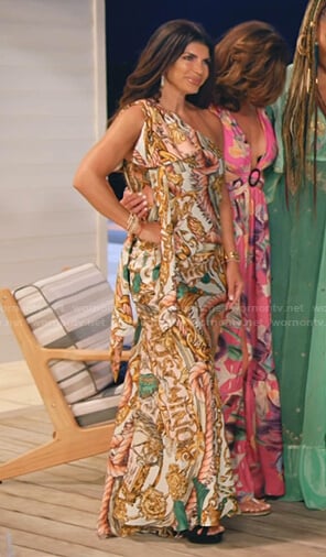 Teresa’s pink printed one-shoulder dress on The Real Housewives Ultimate Girls Trip