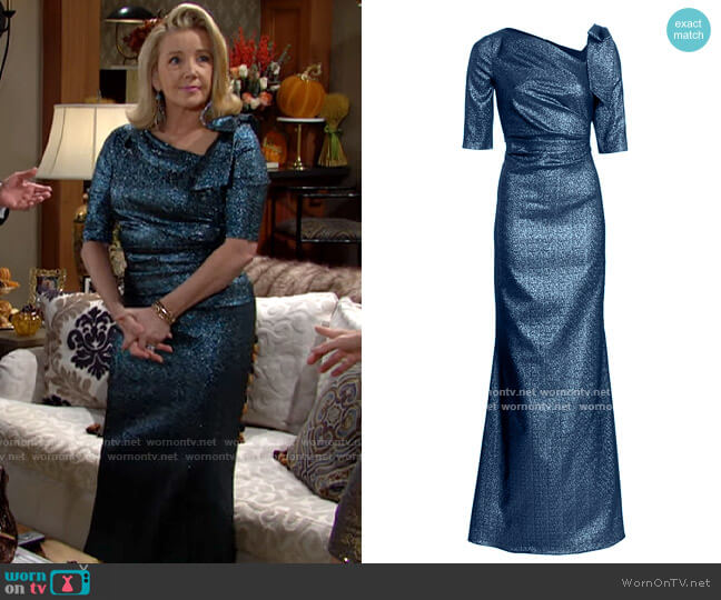 Teri Jon by Rickie Freeman Jacquard Bow Gown worn by Nikki Reed Newman (Melody Thomas-Scott) on The Young and the Restless