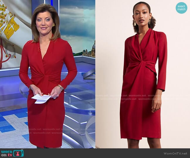 The Fold London Greenwich Dress Garnet Red Wool Crepe worn by Norah O'Donnell on CBS Evening News