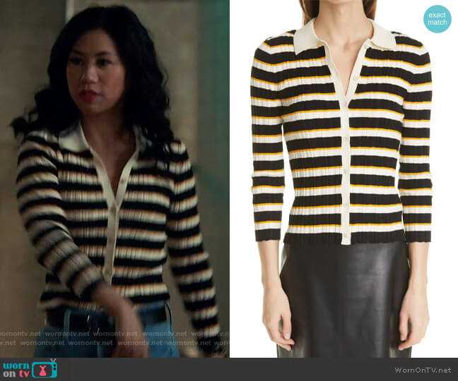 Theory Hudson Stripe Cardigan in Soap / Black / Amber worn by Melody Bayani (Liza Lapira) on The Equalizer
