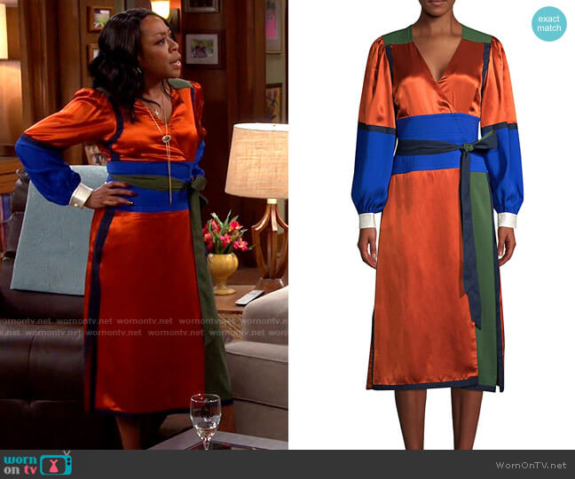 Tory Burch Colorblock Silk Wrap Dress worn by Tina Butler (Tichina Arnold) on The Neighborhood
