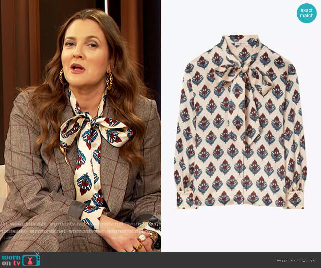 Tory Burch Printed Bow Blouse worn by Drew Barrymore on The Drew Barrymore Show