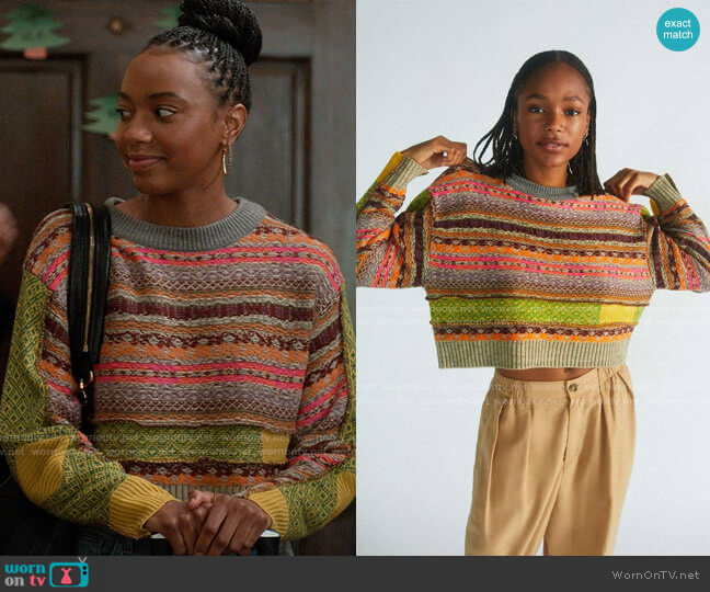 Urban Outfitters Penny Patchwork Cropped Sweater worn by Whitney Chase (Alyah Chanelle Scott) on The Sex Lives of College Girls