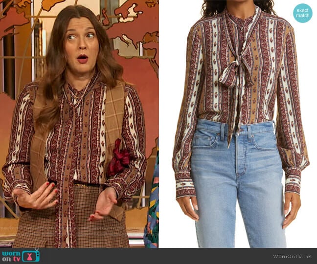 Veronica Beard Elaine Tie-Neck Blouse worn by Drew Barrymore on The Drew Barrymore Show