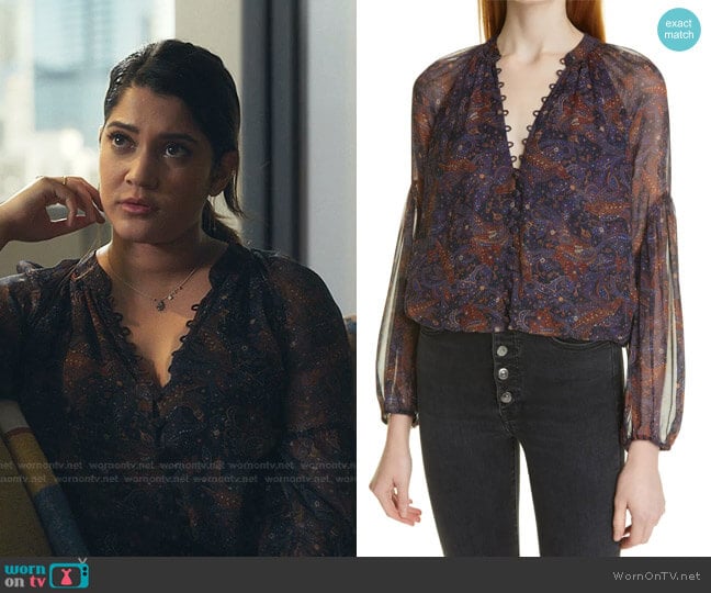 Veronica Beard Jayce Silk Blouse worn by Leela Devi (Anuja Joshi) on The Resident