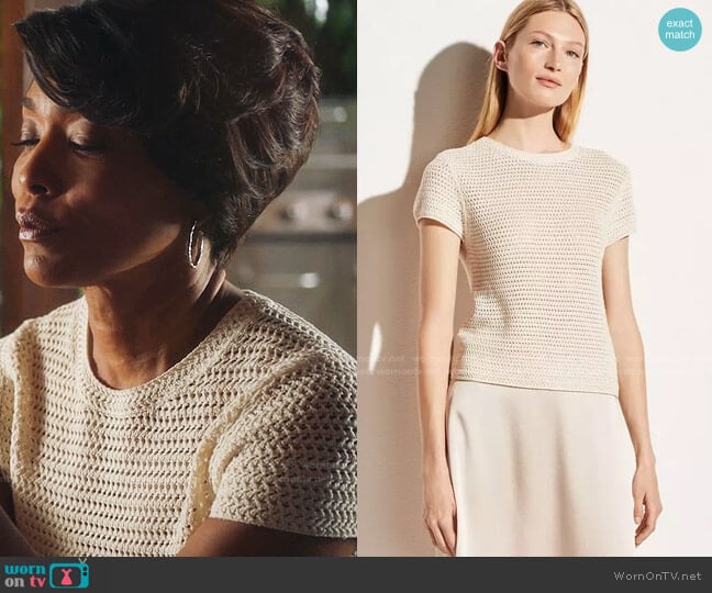 Vince Crochet Short Sleeve Mock Neck in Bone worn by Athena Grant (Angela Bassett) on 9-1-1