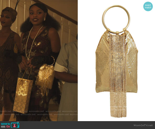 Whiting & Davis Cascade Fringe Metal Mesh Bracelet Clutch worn by Nikki Vaughn (Alana Bright) on Our Kind of People