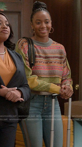 Whitney’s patchwork sweater on The Sex Lives of College Girls