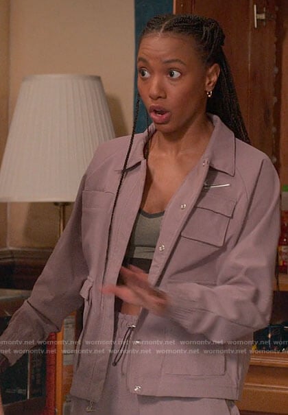 Whitney’s purple Nike jacket and pants set on The Sex Lives of College Girls