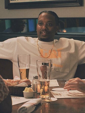 Yogi’s white CAT logo print tee on Love Life