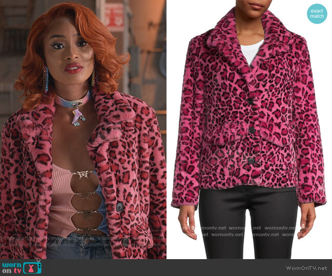 Zadig and Voltaire Lila Leopard-Print Faux Fur Jacket worn by Lauren Rice (Pepi Sonuga) on Queens