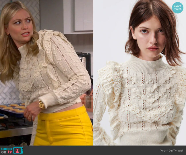 Zara Pointelle Ruffled Knit Sweater worn by Gemma (Beth Behrs) on The Neighborhood