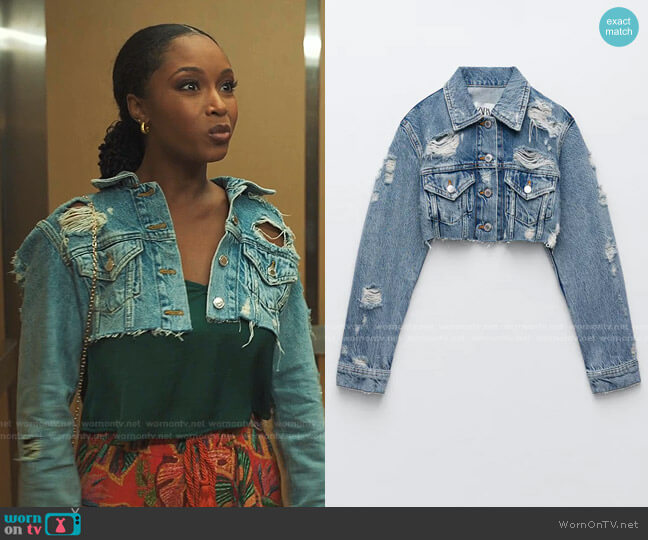 Zara Ripped Denim Jacket worn by Angela Vaughn (Yaya DaCosta) on Our Kind of People
