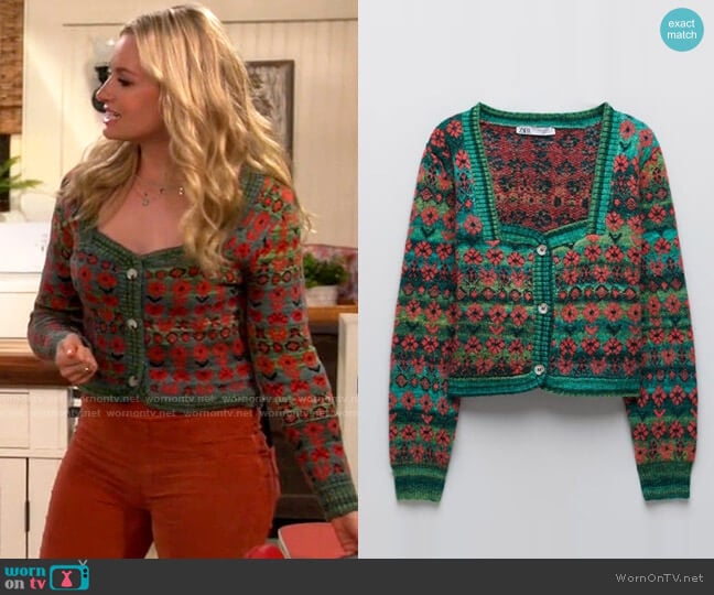 Zara Jacquard Knit Cardigan worn by Gemma (Beth Behrs) on The Neighborhood