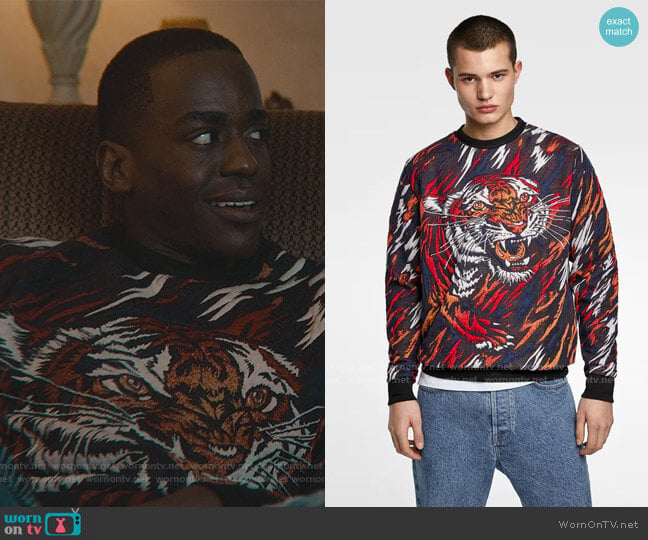 Zara Jacquard Quilted Tiger Sweatshirt worn by Eric Effiong (Ncuti Gatwa) on Sex Education