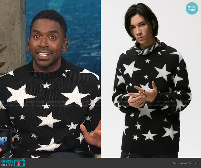 Zara Star Jacquard Sweater worn by Justin Sylvester on E! News