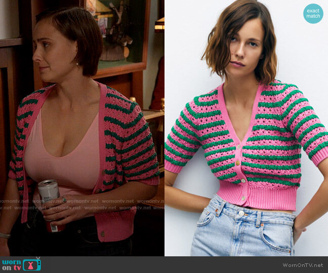 Zara Striped Knit Jacket worn by Kimberly Finkle (Pauline Chalamet) on The Sex Lives of College Girls