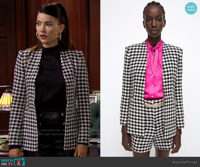 Zara Textured Houndstooth Jacket worn by Steffy Forrester (Jacqueline MacInnes Wood) on The Bold and the Beautiful