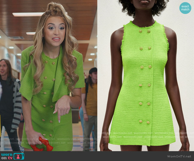 Zara Neon Green Textured Weave Tweed Dress worn by Lexi (Josie Totah) on Saved By The Bell