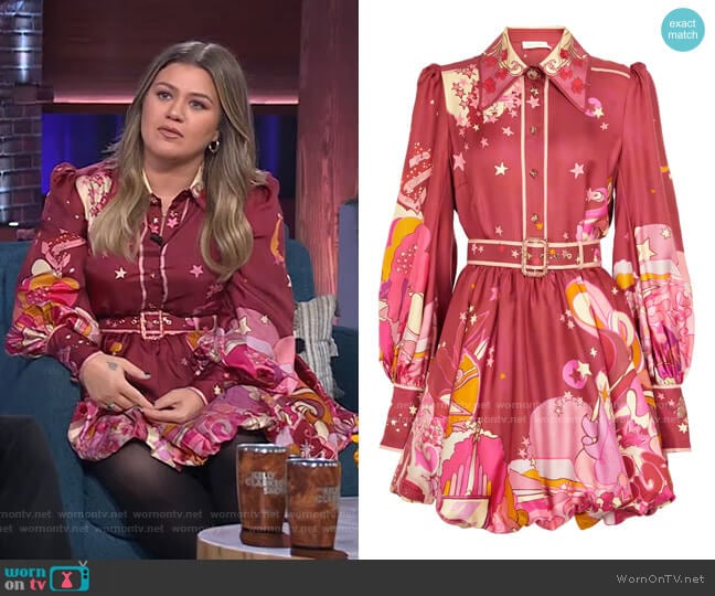 Zimmermann Concert printed silk twill shirt dress worn by Kelly Clarkson on The Kelly Clarkson Show