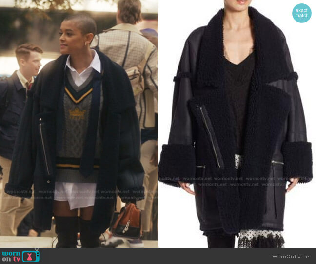 Zimmermann Riot Oversized Leather Jacket In Navy worn by Julien Calloway (Jordan Alexander) on Gossip Girl