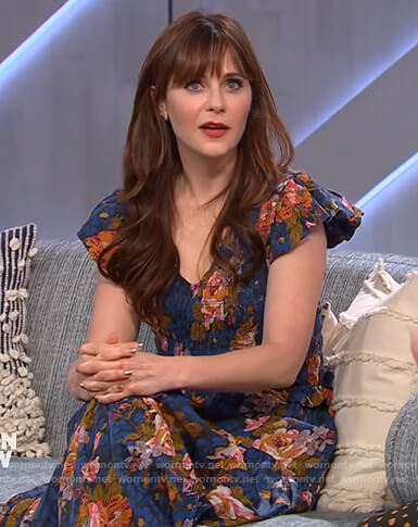 Zooey Deschanel’s blue floral ruffle dress on on The Kelly Clarkson Show