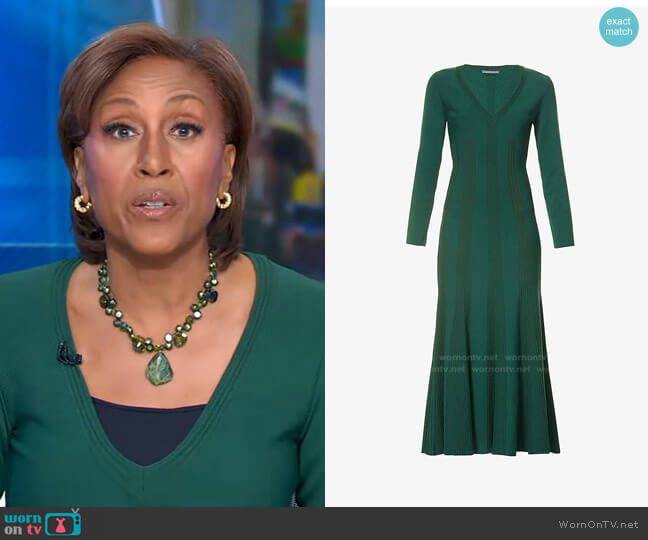 Alberta Ferretti V-Neck Ribbed Stretch-Woven Midi Dress worn by Robin Roberts on Good Morning America