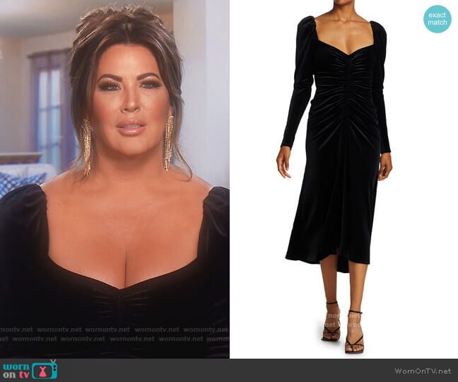 A.L.C. Chamberlain Puff-Sleeve Velvet Midi Dress worn by Emily Simpson on The Real Housewives of Orange County
