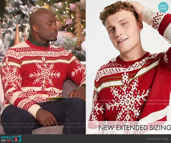 ASOS Knitted Christmas Sweater with Snowflake design worn by Akbar Gbajabiamila on The Talk