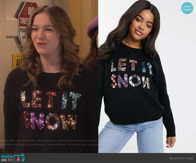 ASOS Charity Christmas sweater sequin let it snow worn by Presley (Jayden Bartels) on Side Hustle