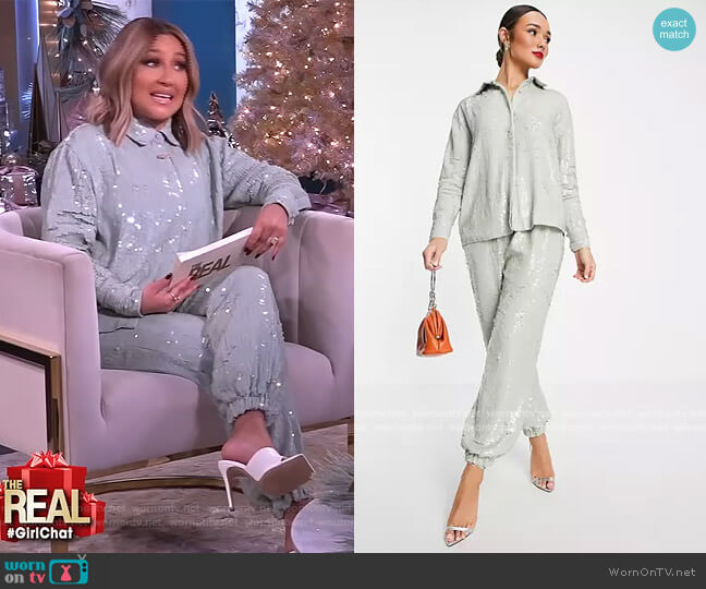 ASOS Sequin Shirt in Sage Green worn by Adrienne Houghton on The Real