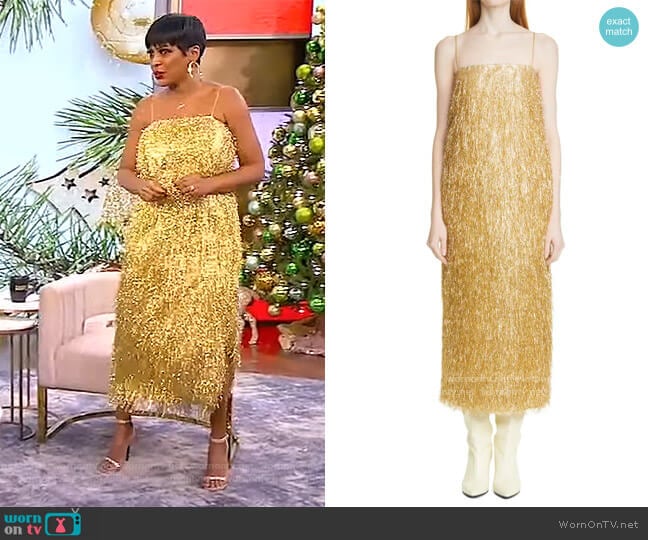 Adam Lippes Fringed Lurex midi dress worn by Tamron Hall on Tamron Hall Show