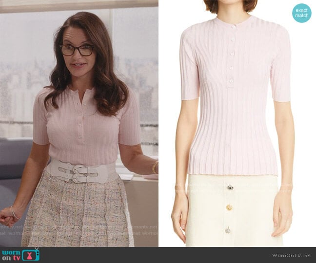 Adam Lippes Ribbed Silk Cashmere Henley worn by Charlotte York (Kristin Davis) on And Just Like That