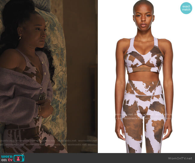 Adidas X Ivy Park Purple & Brown Cow Print Cut-Out Sports Bra worn by Lauren Dupont (Rhyon Nicole Brown) on Our Kind of People