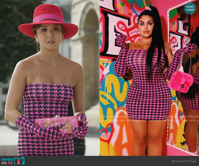 Adriana Sahar Houndstooth Print Dress and Glove Set worn by Mindy Chen (Ashley Park) on Emily in Paris