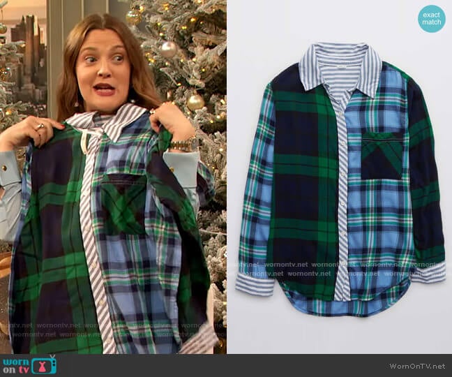 Aerie Flannel Boyfriend Pajama Top worn by Drew Barrymore on The Drew Barrymore Show