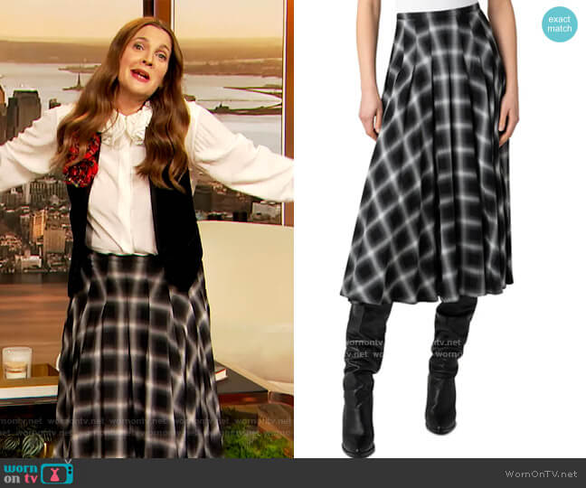 Akris Punto Plaid Pleated Midi Skirt worn by Drew Barrymore on The Drew Barrymore Show
