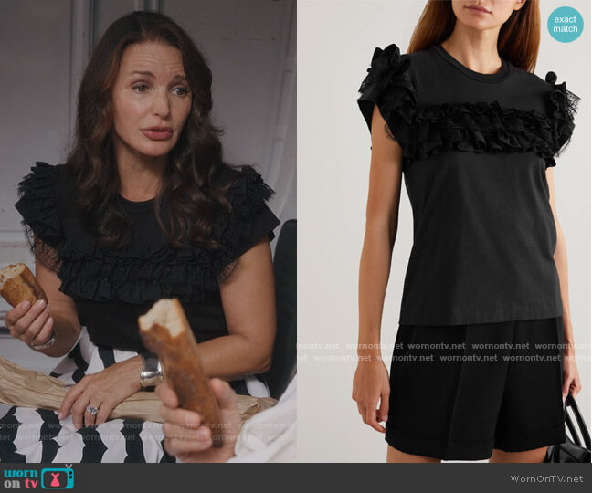 Alaia Ruffled cotton-jersey T-shirt worn by Charlotte York (Kristin Davis) on And Just Like That