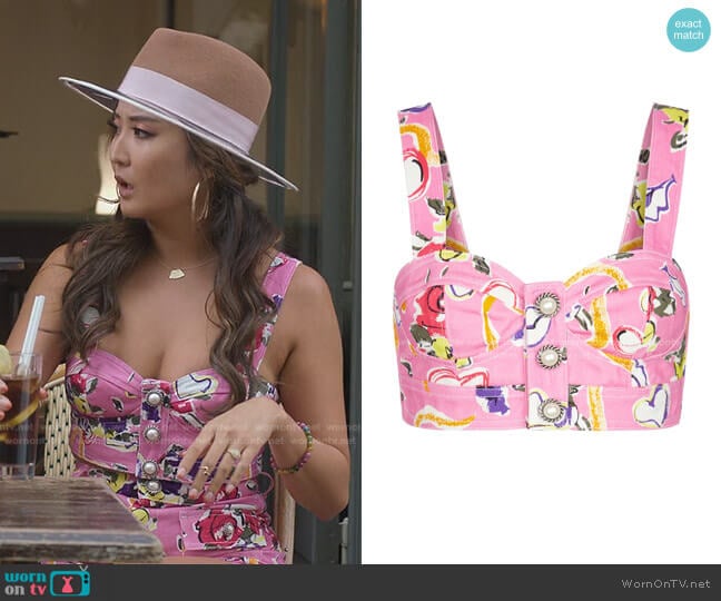Alessandra Rich Floral Cotton Gabardine Bralette worn by Mindy Chen (Ashley Park) on Emily in Paris