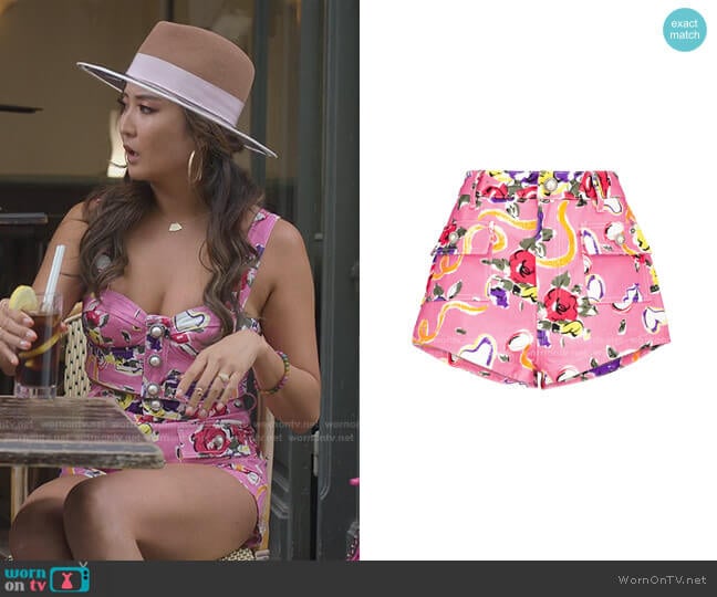 Alessandra Rich Floral High-Rise Cotton Shorts worn by Mindy Chen (Ashley Park) on Emily in Paris