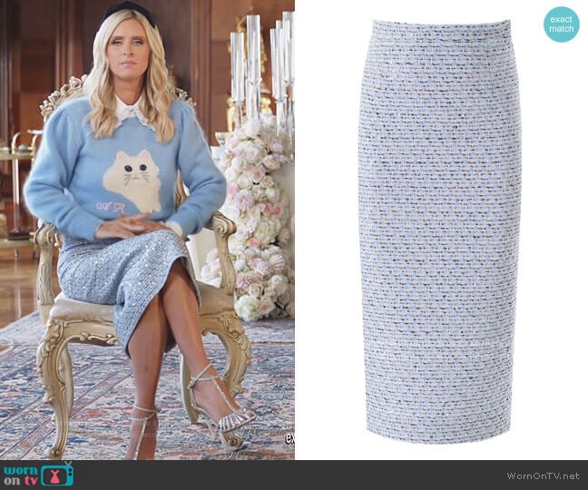 Alessandra Rich Blue Tweed Pencil Skirt worn by Nicky Hilton Rothschild on Paris in Love