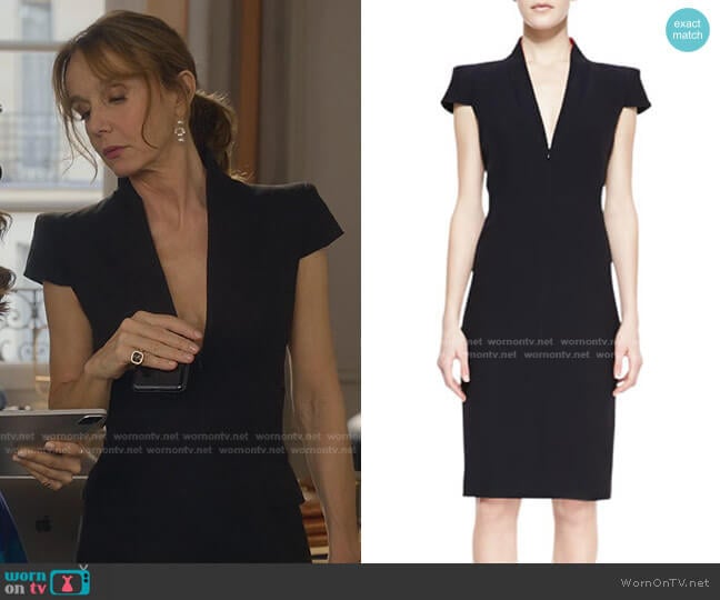Alexander McQueen Cap-Sleeve Deep V-Neck Dress worn by Sylvie (Philippine Leroy-Beaulieu) on Emily in Paris