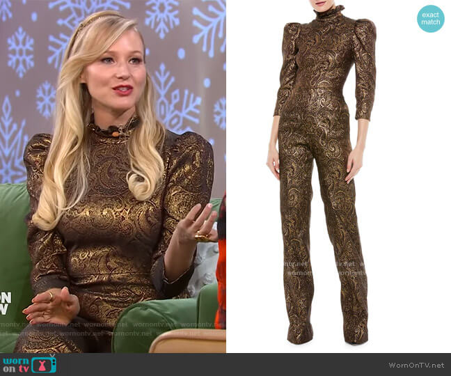 Alice + Olivia Jorah Brocade Puff-Sleeve Wide-Leg Jumpsuit