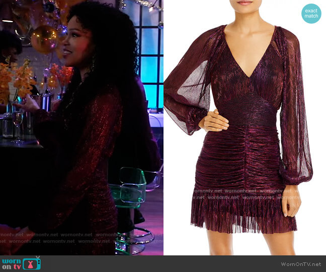 Aqua Katherine Metallic Ruched Mini Dress worn by Portia Robinson (Brook Kerr) on General Hospital