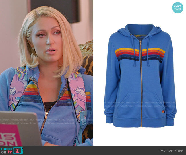 Aviator Nation Five-Stripe Zip-Front Hoodie worn by Paris Hilton on Paris in Love