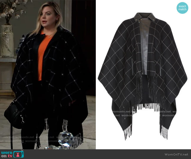 BCBGMAXAZRIA Faux Leather Trim Fringed Cape worn by Maxie Jones (Kirsten Storms) on General Hospital